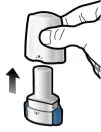 A hand lifting the white cap from a cylindrical medical device with a blue base, indicated by a black arrow pointing downward