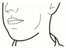 Black line drawing of a close-up of a human face showing the nose, lips, chin, and side of the neck