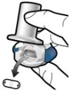 A hand holding a medical device and rotating the upper part downward following a curved arrow toward a small oval container