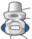 White medical device with a large central rectangular button and two blue side handles on a white background