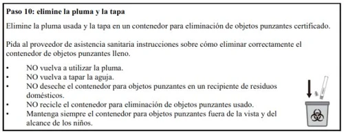 Text in Spanish with instructions for disposing of the pen and cap into a sharps container next to a