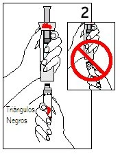 Technical drawing showing two hands holding an injection pen with black triangles and a red prohibition symbol on a second illustration