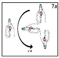 Schema illustrativo che mostra tre mani che ruotano una penna iniettiva in senso orario con una freccia curva e la scritta x 10