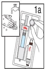 Illustration showing handwashing under a faucet and a hand removing an injection pen from a blister pack containing blue liquid