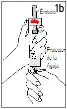 Technical diagram of a syringe held by two hands with labels indicating the