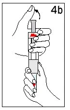 Technical diagram showing two hands holding a syringe with red liquid, with an arrow indicating plunger movement toward the