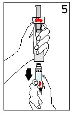Technical drawing showing two hands holding an injection pen to administer a medication, with a black arrow pointing downward