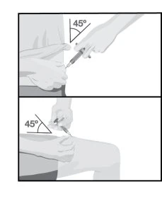 Two illustrations show a hand inserting a needle with a syringe into the skin at a 45-degree angle relative to the leg