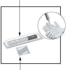 Technical drawing of an injection pen inside a container with a circular inset showing a gloved hand holding the pen