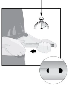 Medical illustration showing a hand pressing down an injection pen with an arrow and a timer indicating the duration
