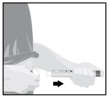 Black and white illustration of a person holding an injection pen horizontally against the upper thigh with a black arrow