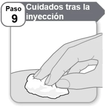 Illustrazione medica con testo in spagnolo che mostra una mano che preme un batuffolo di cotone su un punto di iniezione sulla pelle