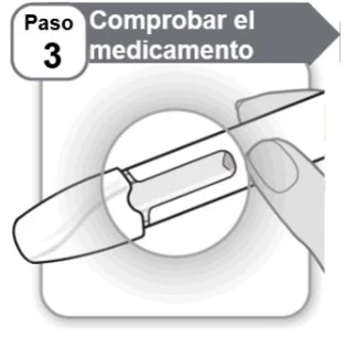 Illustrazione medica del passaggio 3 che mostra un dettaglio ravvicinato di una mano che tiene un dispositivo medico per controllarne l'aspetto