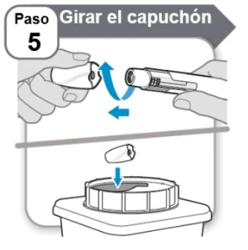 Diagramma che mostra due mani che ruotano il cappuccio di un dispositivo medico per rimuoverlo e posizionarlo sopra un contenitore di smaltimento