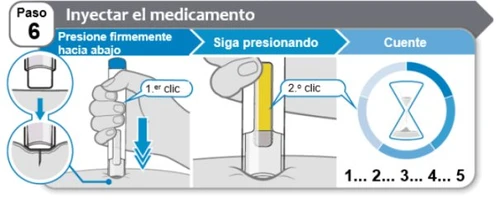 Infografica medica con passaggi per iniettare il farmaco tramite penna, illustrando il primo clic, il secondo clic e il conteggio di cinque secondi
