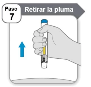 Illustrazione del passaggio 7 con una mano che impugna verticalmente una penna iniettiva verso l'alto
