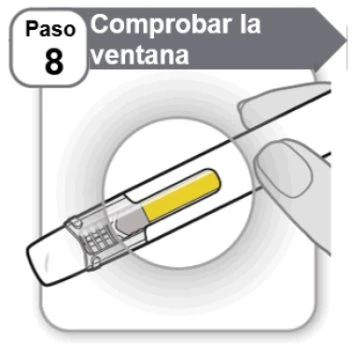 Illustrazione del passaggio 8 che mostra una mano che controlla la presenza di un liquido giallo all'estremità dell'ago