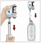 Una mano tiene un flacone capovolto per aspirare liquido con una siringa e un'altra illustrazione mostra l'inserimento dell'ago in una sacca