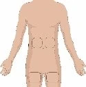 Diagramma del torso maschile con cerchi che evidenziano le zone addominali e le cosce per indicare i siti di applicazione del farmaco