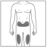 Disegno schematico di un busto maschile con tre aree grigie scure che indicano le zone di applicazione sull'addome e sulle cosce