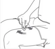 Disegno schematico di una mano che preme e ruota la pelle del ventre con frecce che indicano un movimento rotatorio per preparare l'iniezione
