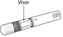 Diagramma tecnico di un dispositivo medico cilindrico con una linea che indica il visor e un codice a barre sulla parte terminale destra