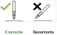 Diagramma con segno di spunta verde su iniezione verticale e croce nera su iniezione inclinata con scritte Correcto e Incorrecto