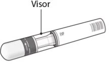 Technical diagram of a cylindrical medical device labeled Visor, highlighting a transparent section and a side barcode