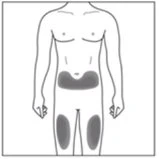 Schematic drawing of a male torso with dark gray areas highlighted on the