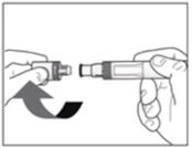 Two hands joining and rotating a two-part medical device following the direction of a black curved arrow