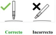 Diagram with a green checkmark on a vertical injection pen and a black cross on a tilted pen, labeled correct and incorrect