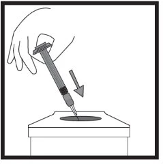 A hand grips a syringe and pushes it downward with an arrow indicating the direction of