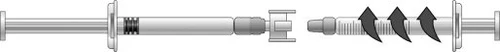 Diagram of a horizontal syringe with three black curved arrows indicating the pulling motion