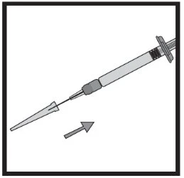 Technical drawing of a syringe with needle oriented diagonally downward, with an arrow indicating the lower part of the syringe body
