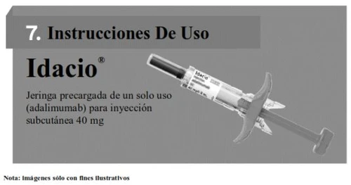 Idacio pre-filled syringe with needle and plunger on a gray background with Spanish text indicating instructions