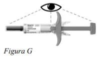 Technical drawing of a horizontal syringe with a stylized eye above indicating correct viewing position of the device