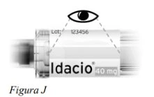 Diagram showing an eye observing the lot number printed on the 40 mg Idacio drug vial