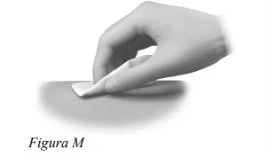 Two hands gently applying an adhesive patch or dressing to a flat skin surface with the label Figure M below