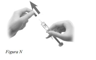 Two hands preparing a syringe with needle while a third hand removes the protective cap indicated by an arrow pointing upward