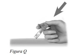 A hand holding an injection pen tilted above a flat surface with a gray arrow pointing toward the device