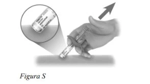 A hand holding an injection pen ready to administer medication with a magnified detail of the device tip within a circle