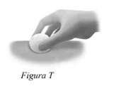 A hand pressing a circular white disc onto a smooth skin surface with the label Figure T below