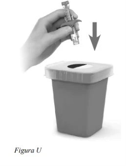 A hand holding a syringe ready to be placed into a sharps disposal container indicated by a downward arrow