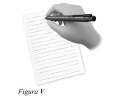 A hand holding a black pen above a white sheet of paper with horizontal parallel lines on a neutral background