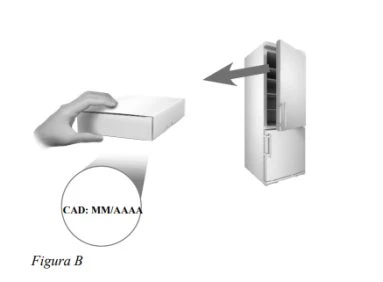 A hand moves a white box toward an open refrigerator with an arrow indicating movement and a circle labeled EXP MM/YYYY