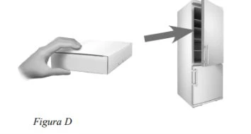 A hand holding a white box moves it toward the interior compartment of a refrigerator indicated by a gray arrow