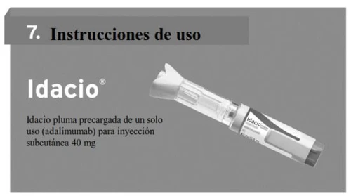 Testo con titolo Instrucciones de uso, nome farmaco Idacio e descrizione di una penna precaricata per iniezione sottocutanea da 40 mg