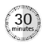 Icona circolare con bordo a tacche che ricorda un cronometro con la scritta nera 30 minutes su sfondo bianco e grigio diviso verticalmente