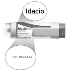 Dispositivo medico Idacio con etichetta che indica 40 mg/0.8 mL e due cerchi con scritte Idacio e data di scadenza MM/AAAA