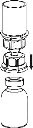 Black and white technical drawing showing the assembly of a cylindrical cap onto a medical vial via a threaded intermediate component